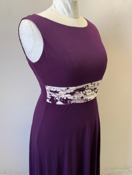 JESSICA HOWARD, Aubergine Purple, Cream, Polyester, Spandex, Solid, Abstract , Stretchy Material, Scoop Neck, Cream/Purple/White Patterned 3" Wide Waistband with Ruching at Intervals, A-Line, Hem Below Knee