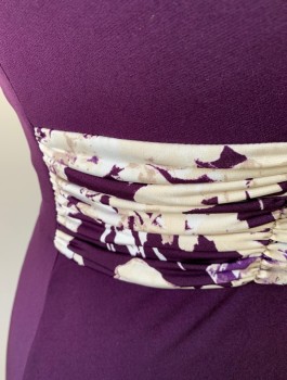 JESSICA HOWARD, Aubergine Purple, Cream, Polyester, Spandex, Solid, Abstract , Stretchy Material, Scoop Neck, Cream/Purple/White Patterned 3" Wide Waistband with Ruching at Intervals, A-Line, Hem Below Knee