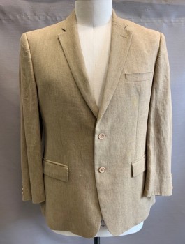 JOHN VARVATOS, Lt Brown, Linen, Solid, Single Breasted, Notched Lapel, 2 Buttons, 3 Pockets, Oversized/Boxy Fit