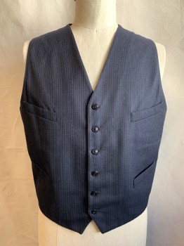 Mens, Vest 1890s-1910s, N/L, Navy Blue, White, Wool, Stripes - Pin, 46, Navy with White Pin Stripes, 6 Button Front, 4 Pockets,