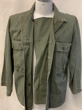 AT THE FRONT, Dk Olive Grn, Cotton, Solid, C.A., Metal Button Front, 2 Large Front Pockets, L/S, Inner Flap