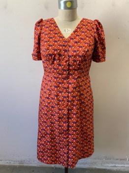 MTO, Burnt Orange, Blue, Green, Almond, Pink, Silk, Floral, Button Front with Covered Buttons, Small Shoulder Pad, V-neck,