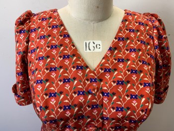 MTO, Burnt Orange, Blue, Green, Almond, Pink, Silk, Floral, Button Front with Covered Buttons, Small Shoulder Pad, V-neck,