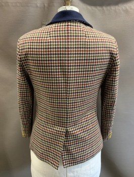 JONES NEW YORK, Tan Brown, Navy Blue, Maroon Red, Olive Green, Multi-color, Acrylic, Houndstooth, Single Breasted, 2 Bttns, Notched Lapel, 3 Flap Pockets, Gold Crest Buttons, Single Vent, **sleeves Have Been Shortened...