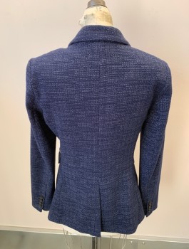 DKNY, Navy Blue, White, Poly/Cotton, Spandex, 2 Color Weave, Single Breasted, 1 Bttn, Notched Lapel, 2 Pckts With Flaps, Single Vent