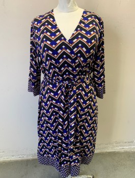 INC , Black, Royal Blue, Brown, White, Polyester, Spandex, Geometric, Chevron, Stretchy, 3/4 Sleeves, Surplice V-neck, A-Line, Knee Length, **With Matching Fabric BELT