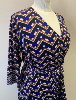 INC , Black, Royal Blue, Brown, White, Polyester, Spandex, Geometric, Chevron, Stretchy, 3/4 Sleeves, Surplice V-neck, A-Line, Knee Length, **With Matching Fabric BELT