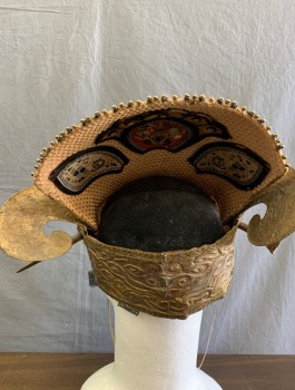 Unisex, Historical Fiction Headpiece, HARRY ROTZ, Beige, Brown, Gold, Cotton, Plastic, Stripes - Vertical , Swirl , Beige Textured Brocade with Black and Beige Stripes, Gold Embossed Band Around Forehead with Curved Pieces at Sides, Large Brown Brooch at Center Front, Black Felt Coif Base, Made To Order