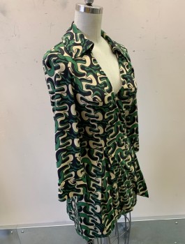 DVF, Green, Beige, Black, Silk, Abstract , Swirl , Jersey, 3/4 Sleeves, Wrap Dress, Mini Length, V-Neck, Collar Attached