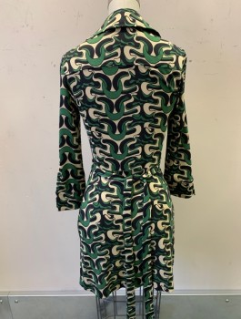 DVF, Green, Beige, Black, Silk, Abstract , Swirl , Jersey, 3/4 Sleeves, Wrap Dress, Mini Length, V-Neck, Collar Attached