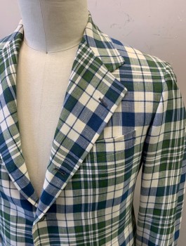 Mens, Blazer/Sport Co, BROOKS BROTHERS, Off White, Blue, Olive Green, Wool, Synthetic, Plaid, 42S, 2 Buttons,  Notched Lapel, 3 Pockets, 2 Pockets with Flaps, Single Vent