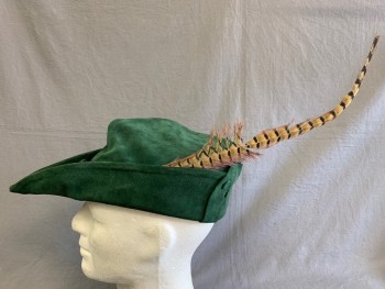 Mens, Historical Fiction Hat , MTO, Green, Suede, Solid, Tear Drop Shaped, Robin Hood, Hat, with Feather