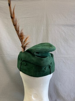 Mens, Historical Fiction Hat , MTO, Green, Suede, Solid, Tear Drop Shaped, Robin Hood, Hat, with Feather