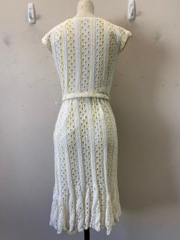 EVA FRANCO, White, Yellow, Cotton, Spandex, Stripes, Circles, S/S, Crew Neck With Knot Detail, Pleated Bottom, Side Zippers