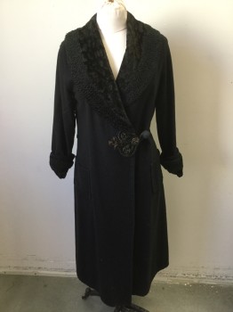 Womens, Coat 1890s-1910s, MTO, Black, Coffee Brown, Wool, Cotton, Solid, 38, Shawl Collar and Cuffs with Faux Persian Lamb Edge and Velveteen That Has Been Treated to Look Like Animal Print, 1 Button with Brown and Black Braided Frog Button Loop, 2 Pockets, Sides Have 2 Button Tabs to Fit Waist, Has Some Moth Holes to Be Mended,