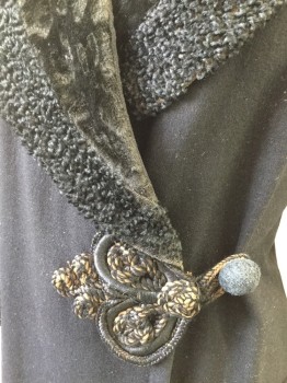 Womens, Coat 1890s-1910s, MTO, Black, Coffee Brown, Wool, Cotton, Solid, 38, Shawl Collar and Cuffs with Faux Persian Lamb Edge and Velveteen That Has Been Treated to Look Like Animal Print, 1 Button with Brown and Black Braided Frog Button Loop, 2 Pockets, Sides Have 2 Button Tabs to Fit Waist, Has Some Moth Holes to Be Mended,