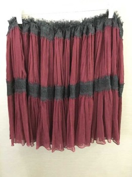 NO LABEL, Maroon Red, Solid, Tiered Chiffon W/ Black Lace, Gathered