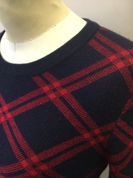 BROOKS BROTHERS, Navy Blue, Red, Wool, Plaid-  Windowpane, Navy with Red Windowpane Plaid, Long Sleeves, U-Neck, 3 Buttons at Center Back Neck