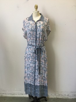 Womens, Dress, Piece 1, N/L, White, Pink, Slate Blue, Navy Blue, Polyester, Floral, W27, B34, Long Dress, Short Sleeves, Button Front, 2 Print Dress with Self Belt