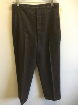 Mens, Pants 1890s-1910s, MTO, Dk Brown, Wool, Solid, 30/29, Made To Order, Flat Front, Button Fly,  Suspender Buttons, Pockets, Pilling,