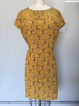 FOSSIL, Turmeric Yellow, Brown, White, Lavender Purple, Black, Synthetic, Floral, Turmeric with Brown/white/lavender/black Floral Print, Crew Neck, Accordian Pleated Yolk, Cap Sleeves,  Elastic Waist Detail