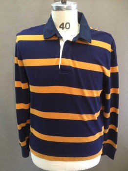 J CREW, Navy Blue, Goldenrod Yellow, Cotton, Navy and Goldenrod Jersey Striped Body, Navy Twill Collar, Long Sleeves, 3 Button Placket At Center Front Neck