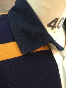 J CREW, Navy Blue, Goldenrod Yellow, Cotton, Navy and Goldenrod Jersey Striped Body, Navy Twill Collar, Long Sleeves, 3 Button Placket At Center Front Neck