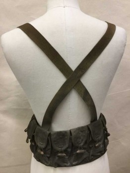 Unisex, Sci-Fi/Fantasy Harness, N/L, Olive Green, Cotton, Polyester, Solid, M/L, Utility Belt with Cross Straps, Tie Close, Barrel Buttons and Loops, Aged/Distressed, Multiples