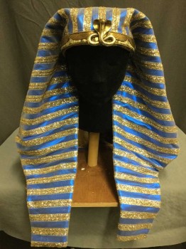 Unisex, Historical Fiction Headpiece, NO LABEL, Blue, Gold, Metallic/Metal, Synthetic, Stripes, Metal Crown, Blue with Gold Glitter Stripe Nemis, Metal Snake, Egyptian Style