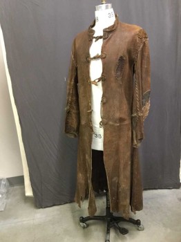 Mens, Historical Fiction Coat, M.T.O., Brown, Leather, 40, 1700's Pauper/ Peasant Leather Coat with Rough Leather Patchwork Repairs.5 Leather Toggle Closure At Center Front, Band Collar,  Long Sleeves,