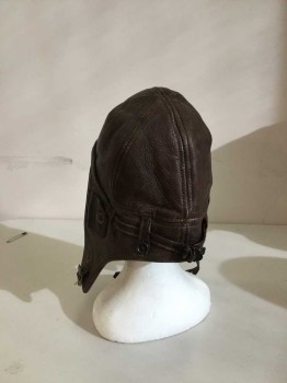 Unisex, Aviator, TYPE DWC, Brown, Leather, Cotton, Solid, 23", 7 3/8, 58.4cm, Period Aviation Cap, Buckle Chin Strap, Adjustable Leather Head Band