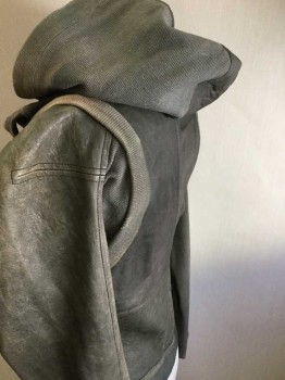 Dk Gray, Leather, Cotton, Solid, Dark Gray Leather & Rib Knit, Hood & Trim Zip/Snap Front Unlined