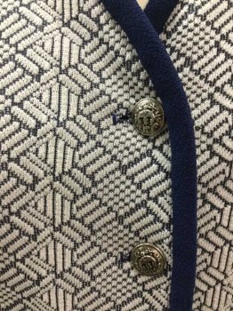 Womens, 1970s Vintage, Suit, Jacket, N/L, White, Navy Blue, Polyester, Geometric, 2 Piece Suit: Jacket Is Short Sleeve,  V-neck, 5 Silver Buttons, 2 Faux Pockets, Solid Navy Accents/Trim, Purple Half Lining,