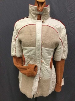 Womens, Sci-Fi/Fantasy Jacket, N/L, Burnt Orange, Red, Tan Brown, Wool, Nylon, Color Blocking, Patchwork, S, Post Apocalyptic, Zipper and Buttons with Loops Front, Rib Knit Attached Faux Scarf Collar and Sleeves, Half Moon Pockets at Waist Next to Buckle Tabs, Elastic Back Waist, Asymmetrical Details on Sleeves, Red Piping, Epaulets, Metal Clasp at Collar