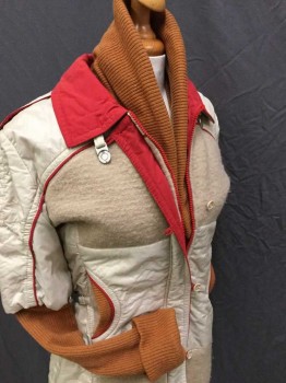 N/L, Burnt Orange, Red, Tan Brown, Wool, Nylon, Color Blocking, Patchwork, Post Apocalyptic, Zipper and Buttons with Loops Front, Rib Knit Attached Faux Scarf Collar and Sleeves, Half Moon Pockets at Waist Next to Buckle Tabs, Elastic Back Waist, Asymmetrical Details on Sleeves, Red Piping, Epaulets, Metal Clasp at Collar
