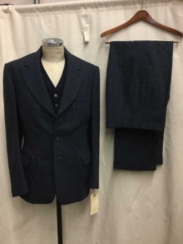 Mens, 1920s Vintage, Suit, Jacket, COSPROP, Navy Blue, Wool, Heathered, 40 L, Single Breasted, Peaked Lapel, 3 Btns, 3 Pckts