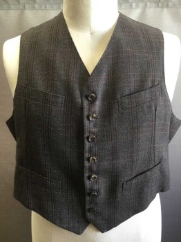 Mens, 1930s Vintage, Suit, Vest, MTO, Charcoal Gray, Red, Green, Tan Brown, Wool, Plaid-  Windowpane, 44, 7 Buttons,  4 Pockets, Adjustable Back Belt