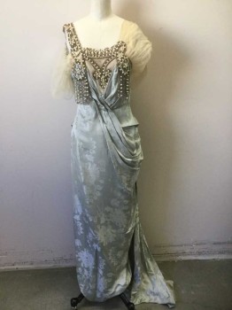 Womens, Evening Dress 1890s-1910s, N/L, Gray, Cream, Silver, Pearl White, Silk, Beaded, Floral, W:22, B:30, Gray Floral Brocade, with Cream Chiffon Short Sleeves, Square Neck, Silver and Pearl Beads at Neckline, with Hanging Tassles, Grecian Draped Quality to Skirt, Floor Length Hem, Made To Order Reproduction ***One Chiffon Sleeve is Torn/Separated From Neckline,