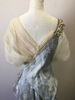 Womens, Evening Dress 1890s-1910s, N/L, Gray, Cream, Silver, Pearl White, Silk, Beaded, Floral, W:22, B:30, Gray Floral Brocade, with Cream Chiffon Short Sleeves, Square Neck, Silver and Pearl Beads at Neckline, with Hanging Tassles, Grecian Draped Quality to Skirt, Floor Length Hem, Made To Order Reproduction ***One Chiffon Sleeve is Torn/Separated From Neckline,