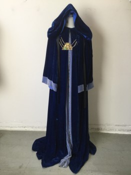 MTO, Royal Blue, Polyester, Solid, Velvet, Periwinkle Center Front Panel/Cuffs, Royal Blue Hood Attached, Multi Color Sparkly Large Piping Center Front, Gold Chain Medallion with Stones Draped in Center, Black Tie