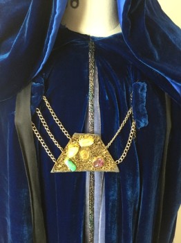 Unisex, Sci-Fi/Fantasy Robe, MTO, Royal Blue, Polyester, Solid, O/S, Velvet, Periwinkle Center Front Panel/Cuffs, Royal Blue Hood Attached, Multi Color Sparkly Large Piping Center Front, Gold Chain Medallion with Stones Draped in Center, Black Tie