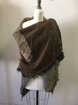 Womens, Shawl 1890s-1910s, Brown, Beige, Gray, Black, Wine Red, Wool, Cotton, Heathered, 4.5ft, 4.5ft, Multi Patchwork, Aged and with Yarn Embroidery, Self Fringed,