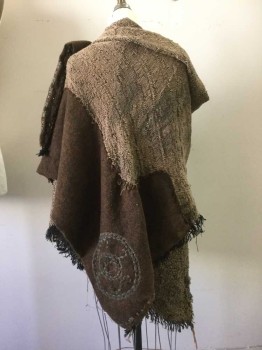 Womens, Shawl 1890s-1910s, Brown, Beige, Gray, Black, Wine Red, Wool, Cotton, Heathered, 4.5ft, 4.5ft, Multi Patchwork, Aged and with Yarn Embroidery, Self Fringed,