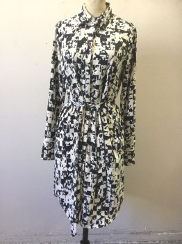 PROLOGUE, Cream, Navy Blue, Polyester, Geometric, Abstract , Cream with Navy Abstract Checkered Pattern, Long Sleeve Shirt Dress, Collar Attached, Button Front, Shift Dress, Hem Above Knee, **2 Piece: Comes with Matching Self Fabric Sash BELT
