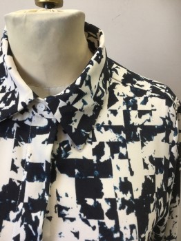 PROLOGUE, Cream, Navy Blue, Polyester, Geometric, Abstract , Cream with Navy Abstract Checkered Pattern, Long Sleeve Shirt Dress, Collar Attached, Button Front, Shift Dress, Hem Above Knee, **2 Piece: Comes with Matching Self Fabric Sash BELT