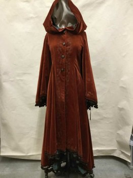Womens, Historical Fiction Coat, MTO, Rust Orange, Lt Blue, Chocolate Brown, Cotton, Polyester, Solid, Floral, 2, Velveteen Cloak With Flared Sleeves And Asymmetrical Hemline.  Dark Brown Pompom Fringe, Hook & Eyes, With Faux Buttons On Front, Fully Lined. Vented Armpits, Double