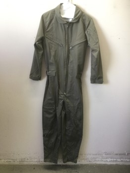 Mens, Coveralls/Jumpsuit, FLIGHT SUIT, Olive Green, Polyester, Cotton, Solid, W28/30, C36, G62, Zip Front, Rounded Collar, Lots of Zipper Pockets, Zip Ankles, Velcro Tabs at Cuffs of Long Sleeves, Adjustable Velcro Tab Waistband, Maybe This is What They Wear in the Air Force or Maybe You Just Want to Look Cute and Kind of Tough at the Same Time