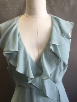 C/MEO COLLECTION, Sage Green, Polyester, Solid, Cross Over Bust, Sleeveless with Flutter Ruffle Placket, Flutter Ruffled Diagonal Tiers, High / Low Hem