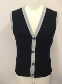 CLUB MONACO, Black, Lt Gray, Cotton, Cashmere, Color Blocking, Solid Black Body with Lt Gray Trim, 4 Button Front, Ribbed Knit Placket/Armholes, Ribbed Knit Waistband