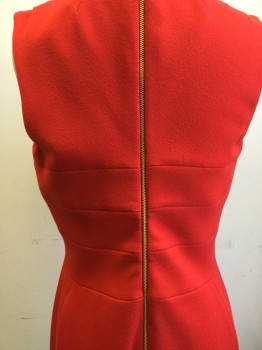 TAHARI, Red, Polyester, Rayon, Solid, Scoop Neck, Zip Back, Radiating Seams From Front Collar Around to Center Back